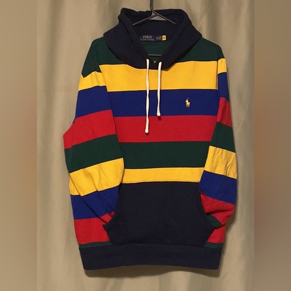 Polo Ralph Lauren Mens Navy Muti Stripe Fleece Lined Logo Pullover Hoodie XL